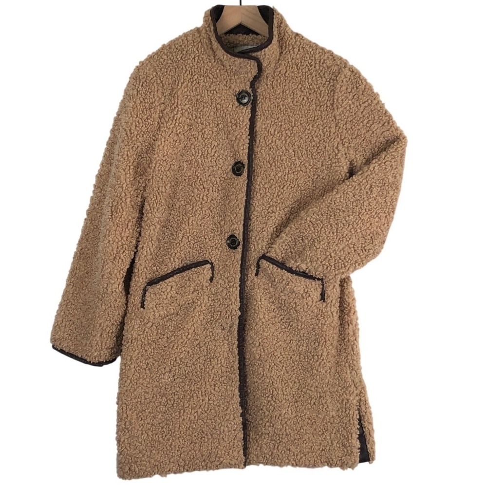 SAM EDELMAN Faux Shearling Teddy Coat Sz S Tan Brown Faux Leather Trim